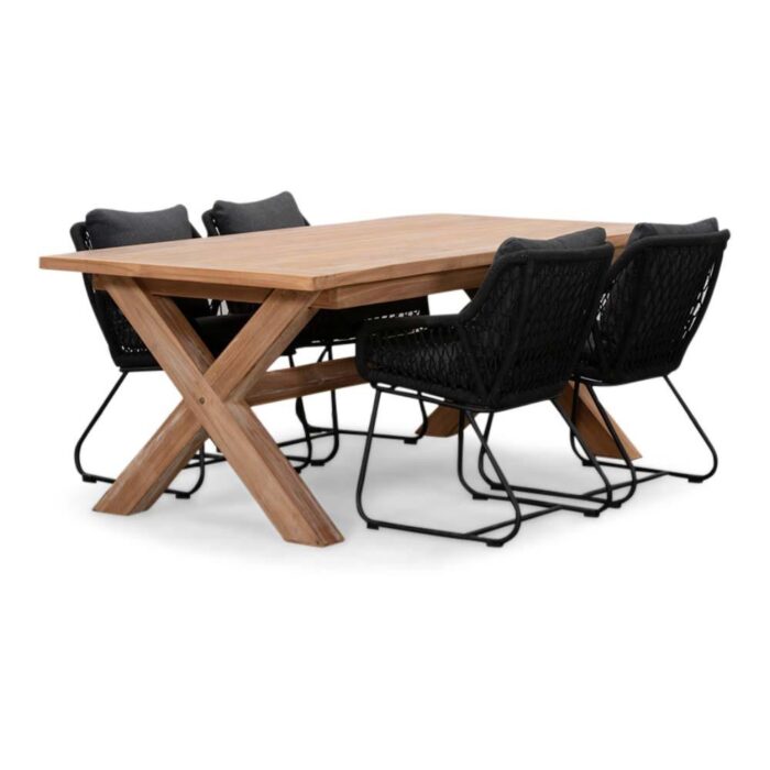BUITEN living Riga/Portofino zwart dining tuinset | 4 personen | teakhout + touw | 200cm