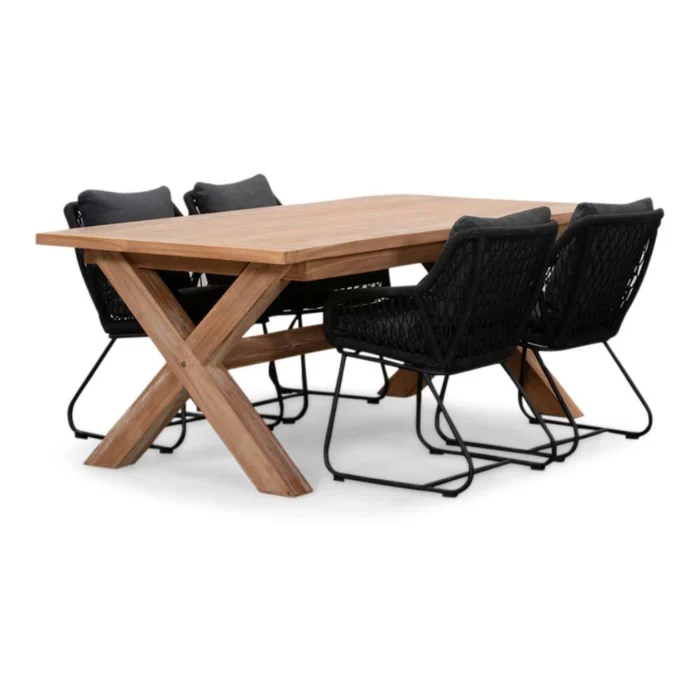 BUITEN living Riga/Portofino zwart dining tuinset | 4 personen | teakhout + touw | 200cm