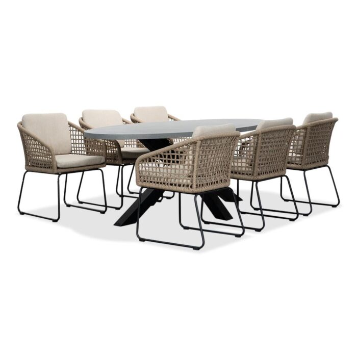 BUITEN living Stockholm/Tulum Sahara Dust dining tuinset | 6 personen | betonlook + touw | 200cm ovaal – Zand