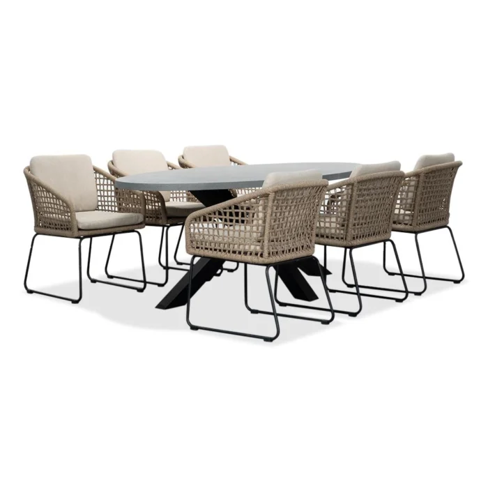 BUITEN living Stockholm/Tulum Sahara Dust dining tuinset | 6 personen | betonlook + touw | 200cm ovaal - Zand