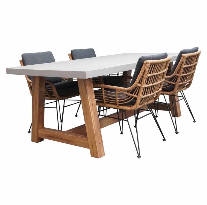 BUITEN living Veltis/Carlos antraciet dining tuinset | 4 personen | betonlook + wicker | 200cm – Taupe – Naturel – Bruin, Betonlook