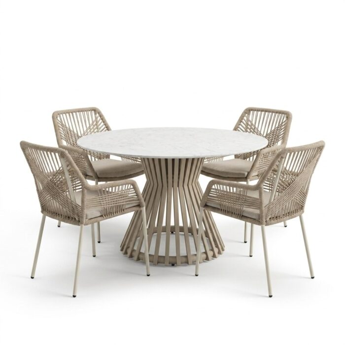 BUITEN living Pasadena/Seville beige dining tuinset | 4 personen | sintered stone + touw | 120cm rond