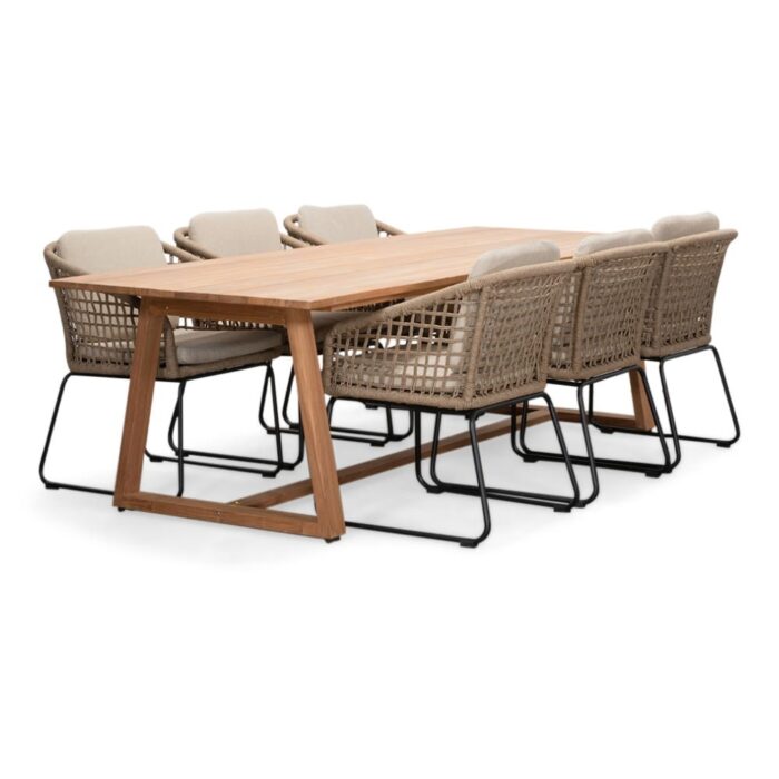 BUITEN living Gotenburg/Tulum Sahara Dust dining tuinset | 6 personen | teakhout + touw | 250cm – Zand