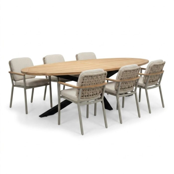 LUX outdoor living Cleve/Montana beige dining tuinset | 6 personen | teakhout + aluminium | 240cm ovaal
