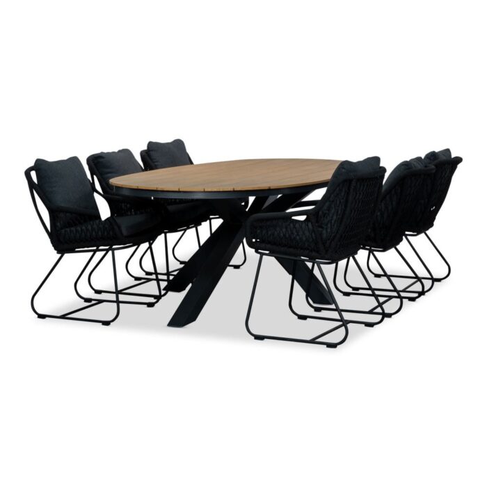 Lesli Living Arezzo/Portofino zwart dining tuinset | 6 personen | polywood + touw | 240cm ovaal – Taupe – Naturel – Bruin, Zwart