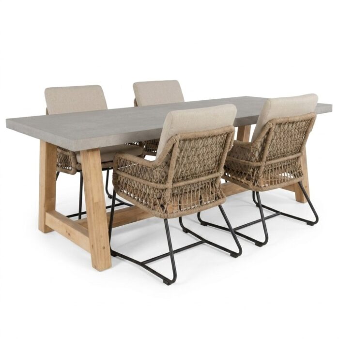 BUITEN living Veltis/Gianna Sahara Dust dining tuinset | 4 personen | polystone + touw | 200cm – Taupe – Naturel – Bruin, Beige