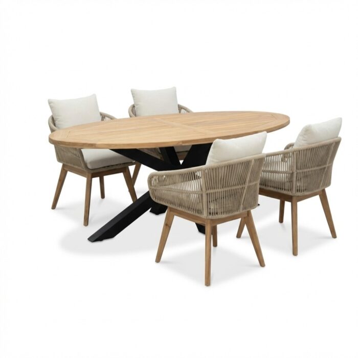 LUX outdoor living Cleve/Bella zand dining tuinset | 4 personen | teakhout + touw | 200cm ovaal