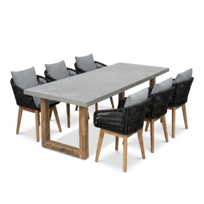 BUITEN living Lausanne/Bella zwart dining tuinset | 6 personen | polystone + touw | 250cm