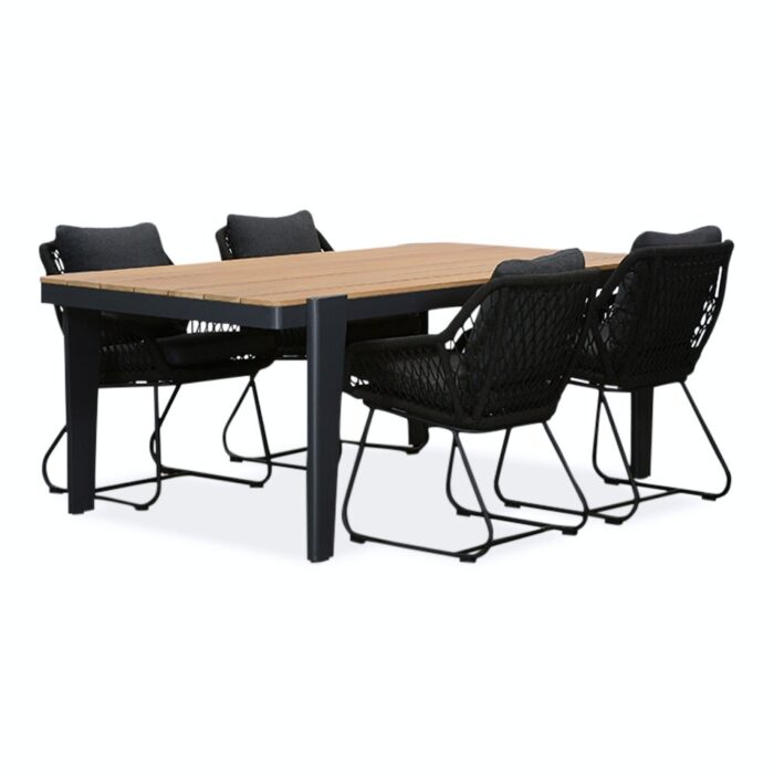 LUX outdoor living Vigo/Portofino zwart dining tuinset | 4 personen | teakhout + touw | 200cm