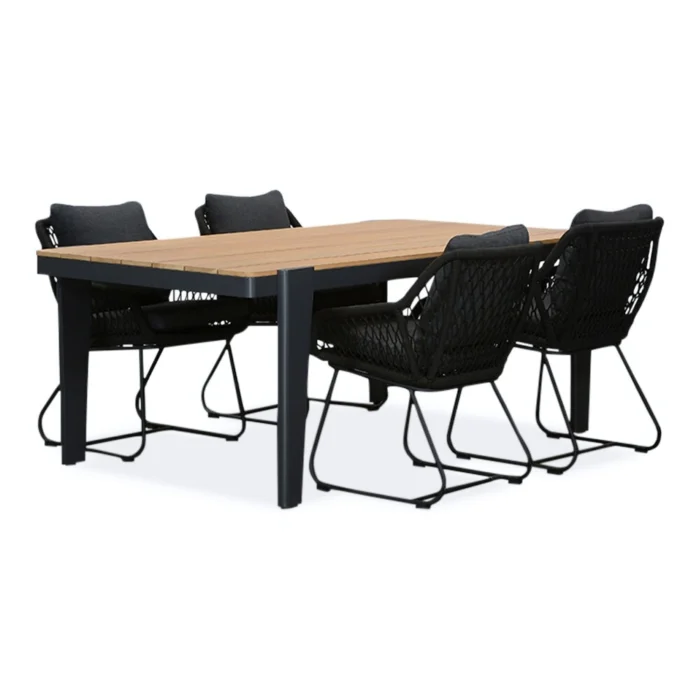 LUX outdoor living Vigo/Portofino zwart dining tuinset | 4 personen | teakhout + touw | 200cm
