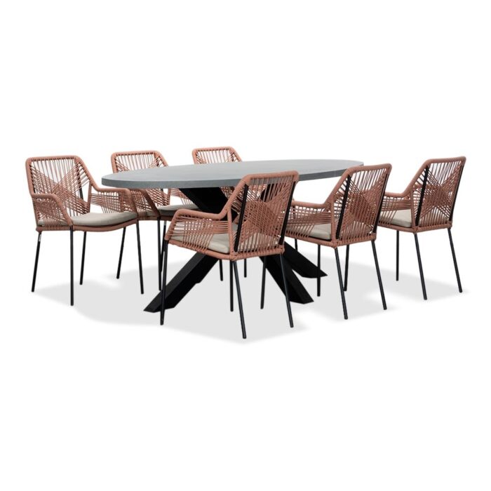 BUITEN living Stockholm/Seville terra dining tuinset | 6 personen | betonlook + touw | 200cm ovaal – Zwart, Rood