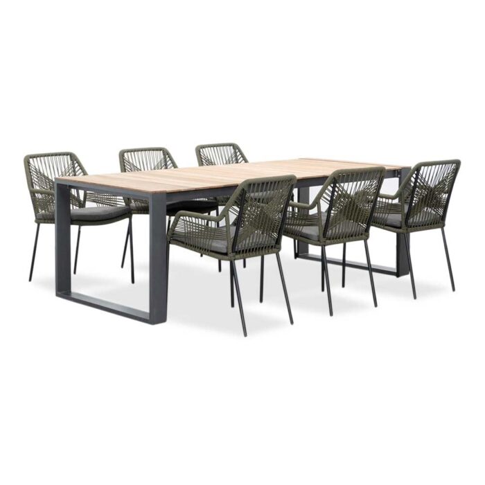LUX outdoor living Atlanta/Seville olijfgroen dining tuinset | 6 personen | teakhout + touw | 218cm – Olijfgroen, Zwart, Natural Teak