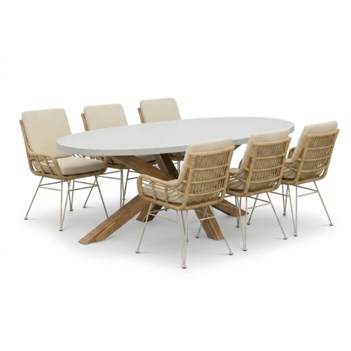 BUITEN living Livorno/Carlos beige dining tuinset | 6 personen | polystone + wicker | 240cm
