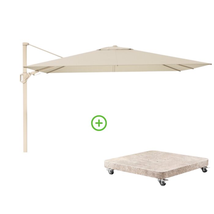 Platinum Challenger T² zweefparasol premium doek | 260x350cm met Venezia rond parasolvoet 90kg | Champagne/Sandstone – Taupe – Naturel – Bruin, Beige