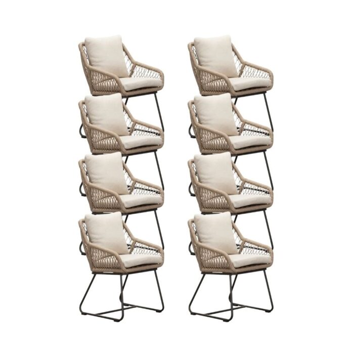BUITEN living Portofino dining tuinstoel set van 8 | touw + aluminium | Sahara Dust – Zand