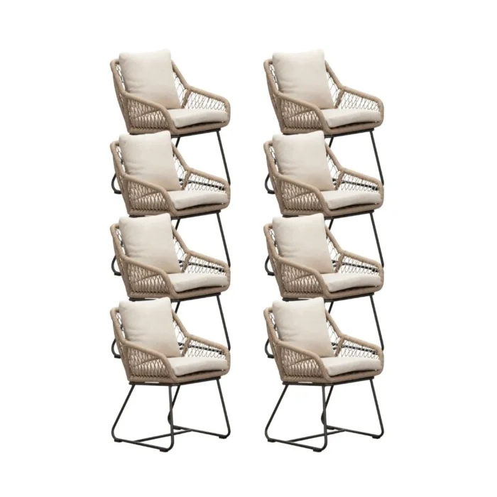 BUITEN living Portofino dining tuinstoel set van 8 | touw + aluminium | Sahara Dust - Zand