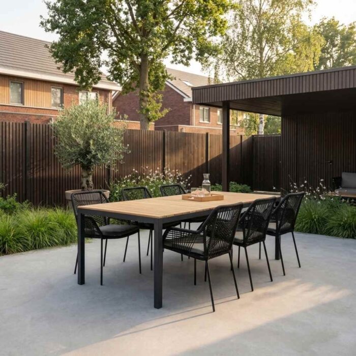 LUX outdoor living Delta/Seville zwart dining tuinset | 6 personen | teakhout + touw | 220cm – Grijs