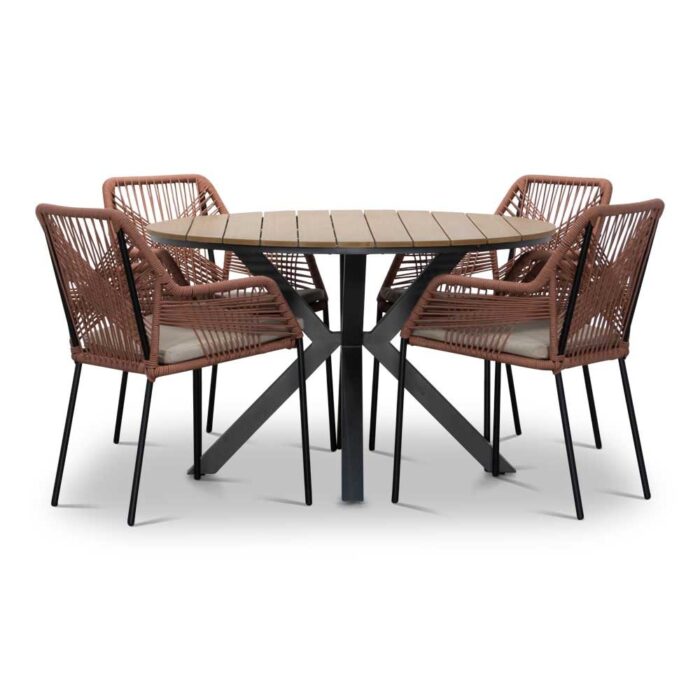 LUX outdoor living Cervo/Seville terra dining tuinset | 4 personen | polywood + touw | 120cm – Light Teak, Rood
