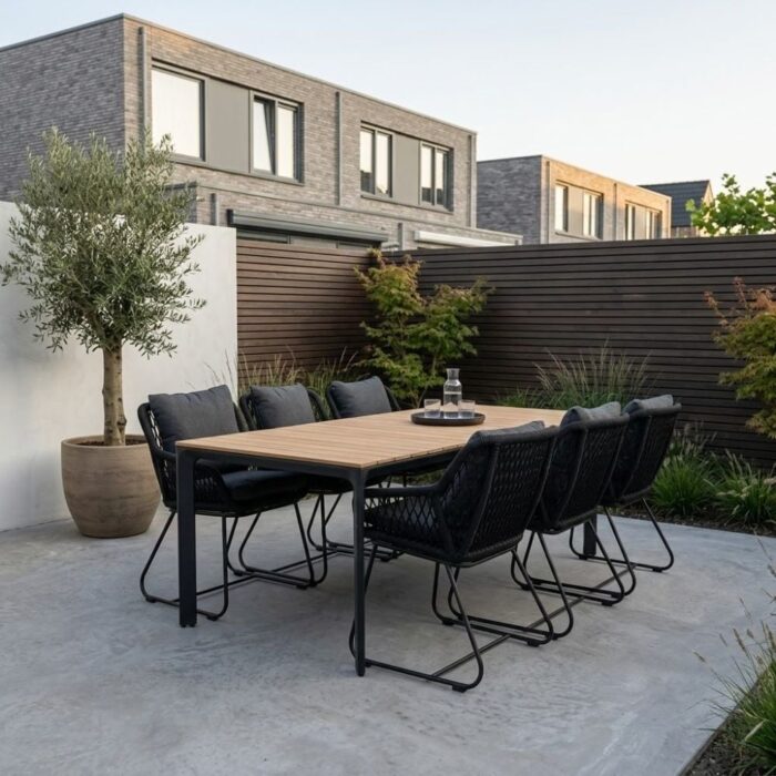 Lesli Living Arezzo/Portofino zwart dining tuinset | 6 personen | polwood + touw | 200cm – Light Teak, Zwart
