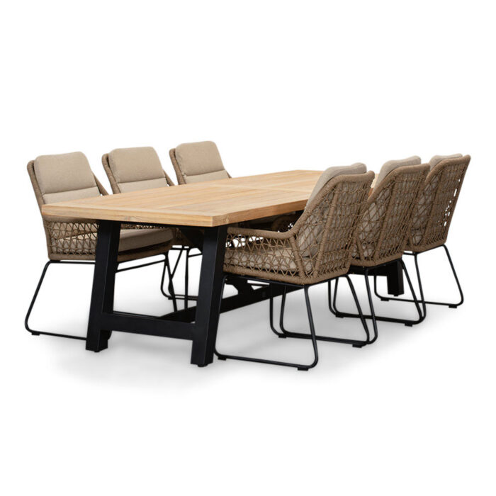 LUX outdoor living James/Valencia Sahara Dust dining tuinset | 6 personen | teakhout + touw | 260cm – Zand