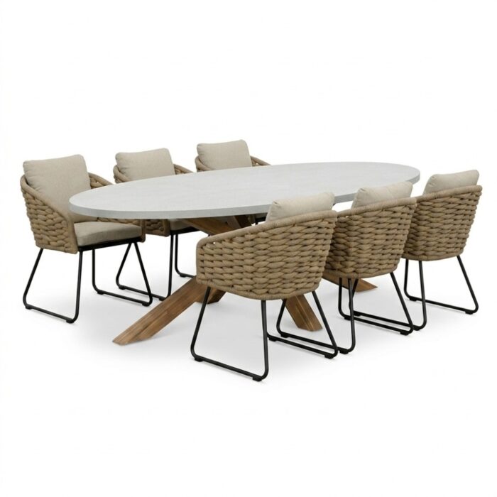 BUITEN living Livorno/Flora Sahara Dust dining tuinset | 6 personen | polystone + touw | 240cm – Betonlook