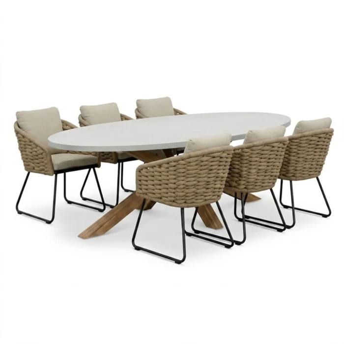 BUITEN living Livorno/Flora Sahara Dust dining tuinset | 6 personen | polystone + touw | 240cm - Betonlook