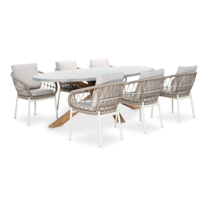 BUITEN living Livorno/Dakota beige/wit dining tuinset | 6 personen | betonlook + touw | 240cm ovaal – Taupe – Naturel – Bruin, Light Teak, Betonlook