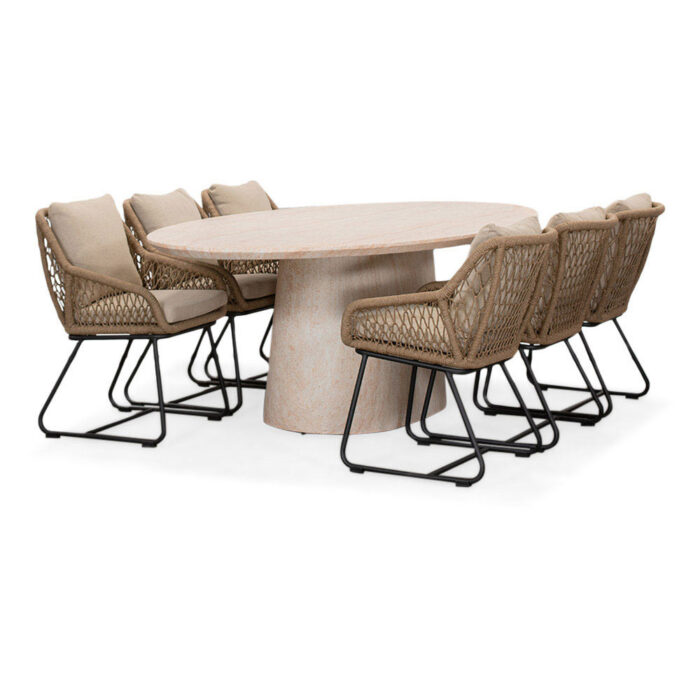 BUITEN living Max/Portofino Sahara Dust dining tuinset | 6 personen | travertin + touw | 240cm ovaal – Zand