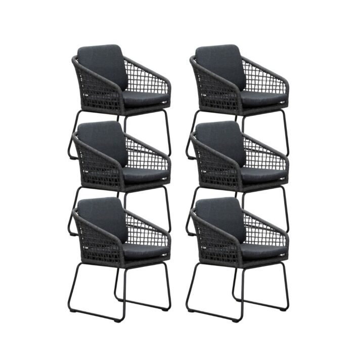 BUITEN living Tulum dining tuinstoel set van 6 | touw + aluminium | Lava Grey – Antraciet