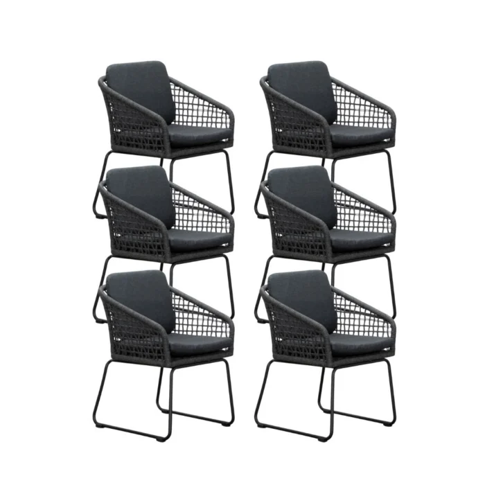 BUITEN living Tulum dining tuinstoel set van 6 | touw + aluminium | Lava Grey - Antraciet