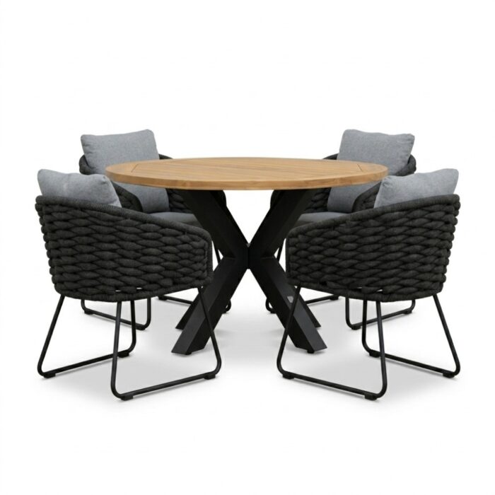 LUX outdoor living Cleve antraciet/Flora Stone Grey dining tuinset | 4 personen | teakhout + touw | 120cm rond