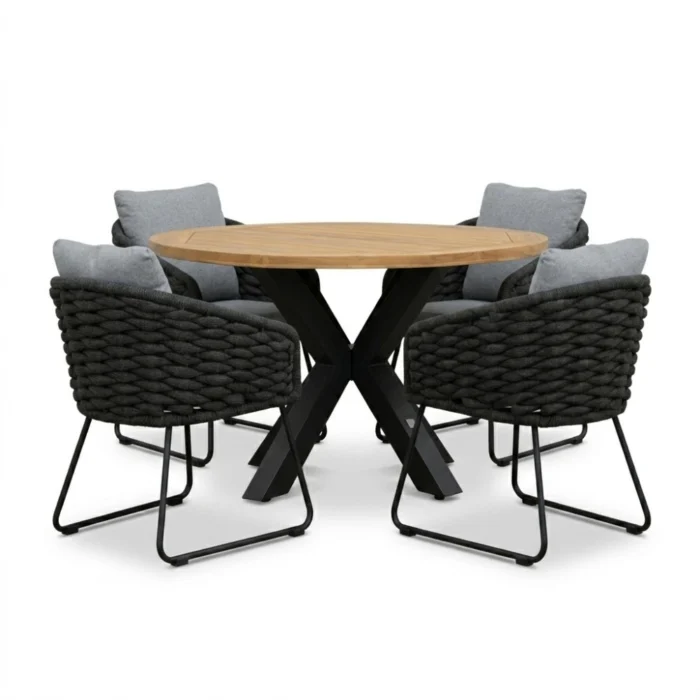 LUX outdoor living Cleve antraciet/Flora Stone Grey dining tuinset | 4 personen | teakhout + touw | 120cm rond