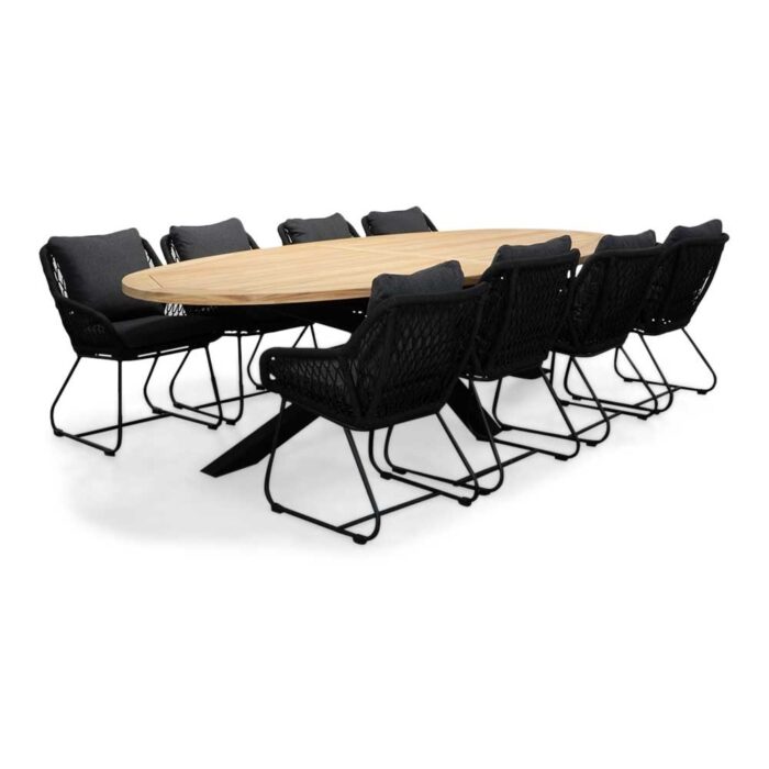 LUX outdoor living Cleve/Portofino zwart dining tuinset | 8 personen | teakhout + touw | 280cm ovaal
