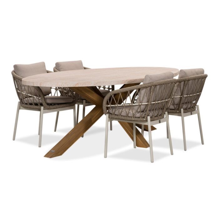 BUITEN living Lorento/Dakota beige/wit dining tuinset | 4 personen | travertin + touw | 200cm – Zwart