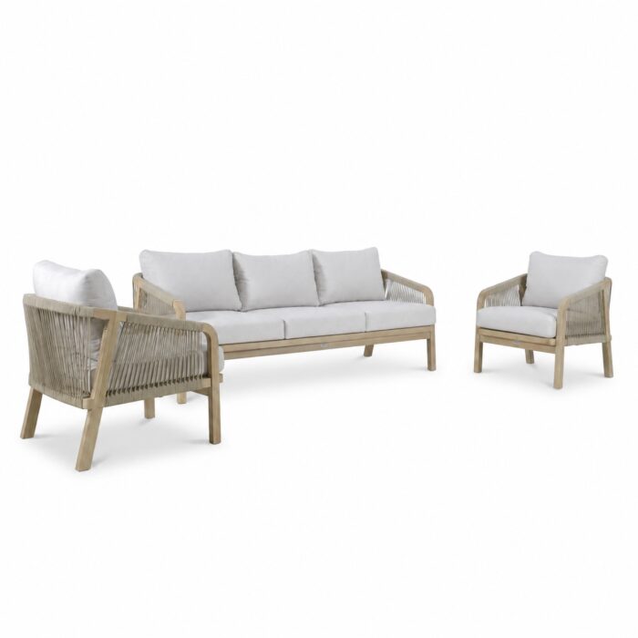 BUITEN living Rivello stoel-bank loungeset 5 personen | touw + hardhout | zand | 3-delig