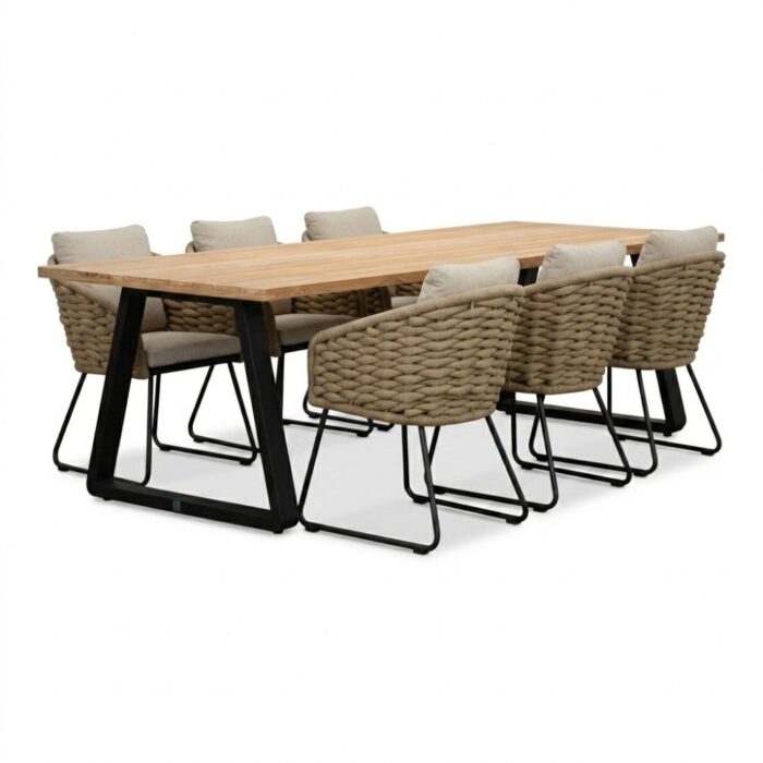 LUX outdoor living Elena/Flora Sahara Dust dining tuinset | 6 personen | teakhout + touw | 240cm – Natural Teak