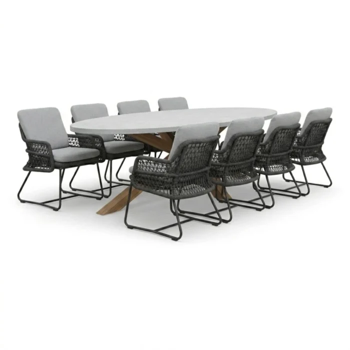BUITEN living Livorno/Gianna Stone Grey dining tuinset | 8 personen | polystone + touw | 280cm - Betonlook