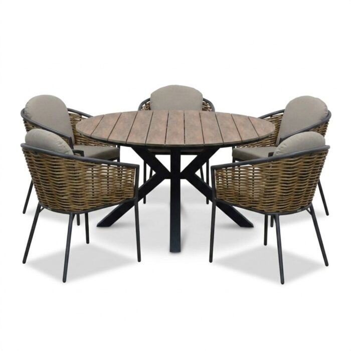 LUX outdoor living Cervo bruin/Lucca dining tuinset | 5 personen | polywood + wicker | 144cm rond – Zand
