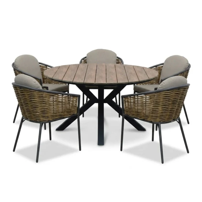 LUX outdoor living Cervo bruin/Lucca dining tuinset | 5 personen | polywood + wicker | 144cm rond - Zand