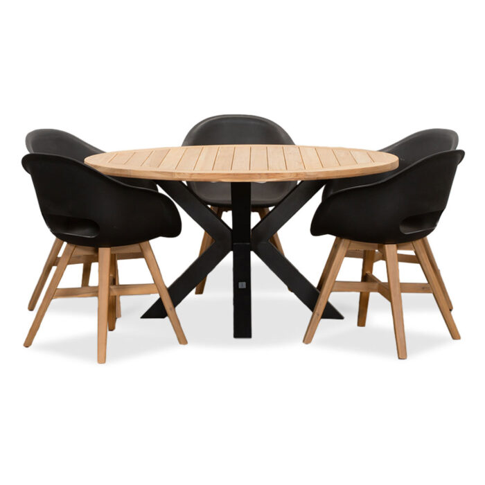 LUX outdoor living Cleve/Karlstad zwart dining tuinset | 5 personen | teakhout + kunststof | 140cm rond