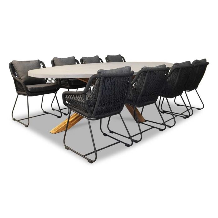 BUITEN living Livorno/Portofino zwart dining tuinset | 8 personen | betonlook + touw | 280cm – Betonlook, Zwart