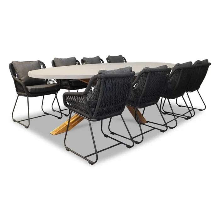 BUITEN living Livorno/Portofino zwart dining tuinset | 8 personen | betonlook + touw | 280cm - Betonlook, Zwart