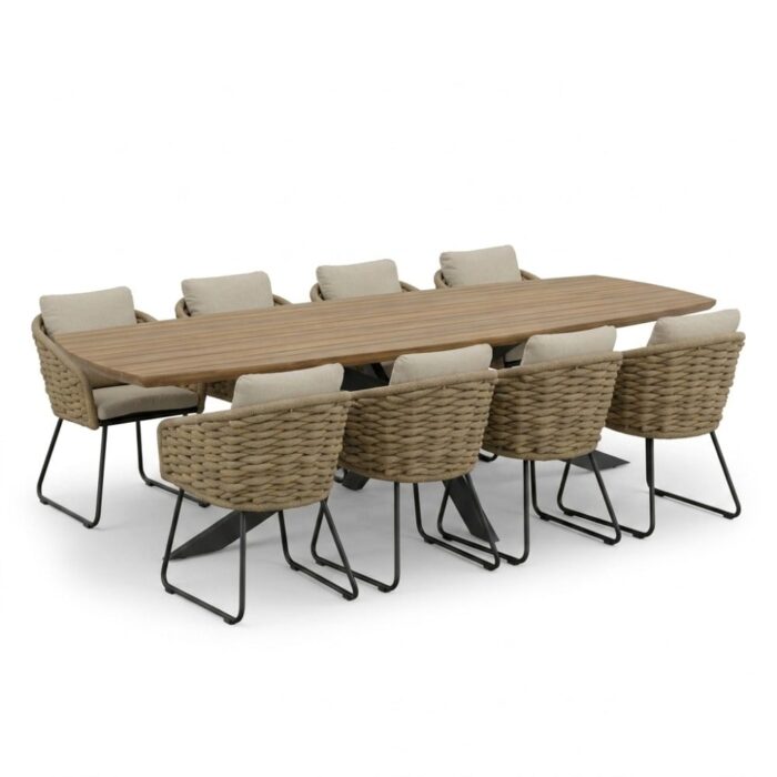 LUX outdoor living Salo/Flora Sahara Dust dining tuinset | 8 personen | hardhout + touw | 280cm Deens – Naturel