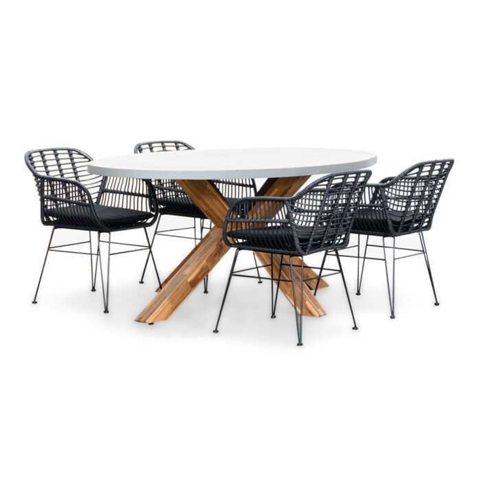 BUITEN living Livorno/Napels dining tuinset | 4 personen | betonlook + wicker | 200cm ovaal – Light Teak, Betonlook, Zwart