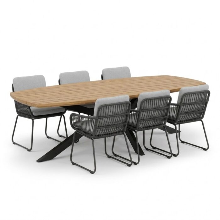LUX outdoor living Salo/Harper Stone Grey dining tuinset | 6 personen | hardhout + touw | 240cm Deens – Grijs
