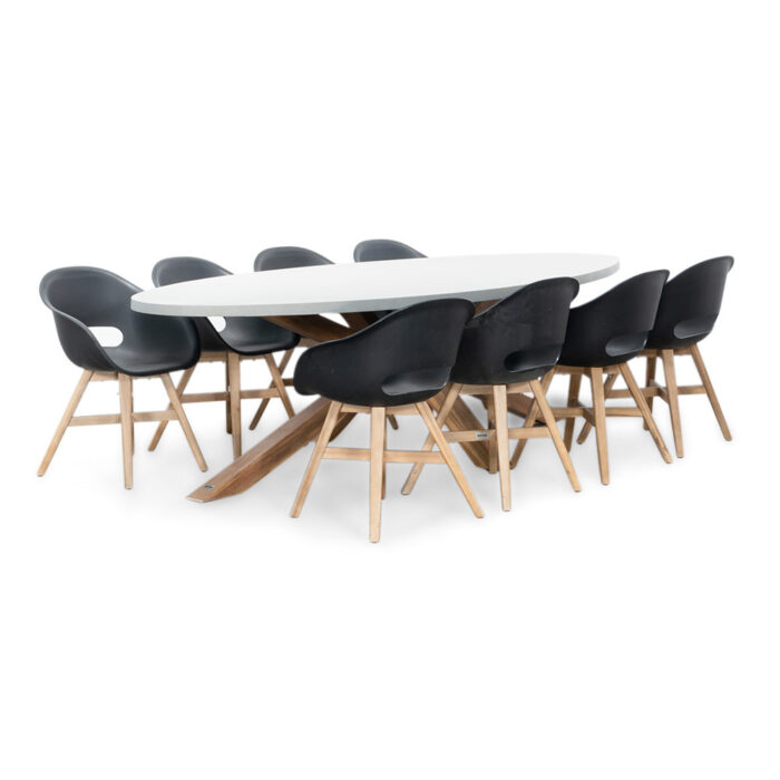 BUITEN living Livorno/Karlstad zwart dining tuinset | 8 personen | betonlook + kunststof | 280cm ovaal – Light Teak, Betonlook, Zwart