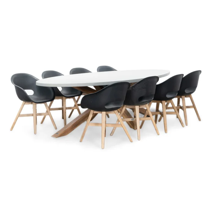 BUITEN living Livorno/Karlstad zwart dining tuinset | 8 personen | betonlook + kunststof | 280cm ovaal - Light Teak, Betonlook, Zwart