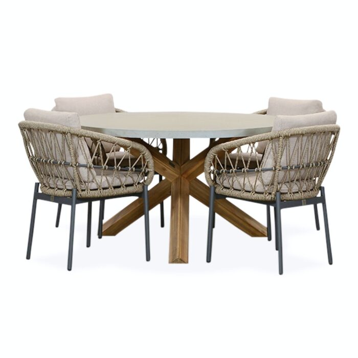 BUITEN living Nancy/Dakota beige/antraciet dining tuinset | 4 personen | betonlook + touw | 135cm rond