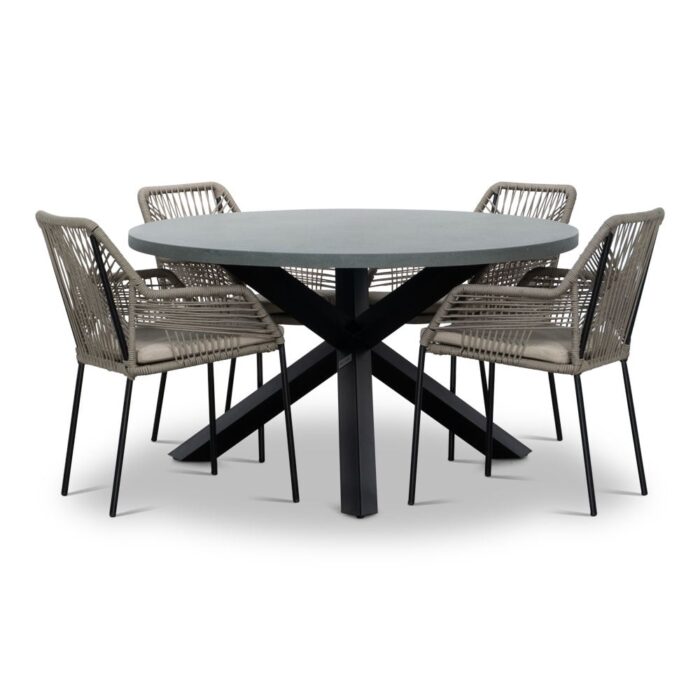 BUITEN living Meran/Seville zand dining tuinset | 4 personen | betonlook + touw | 135cm rond – Zwart