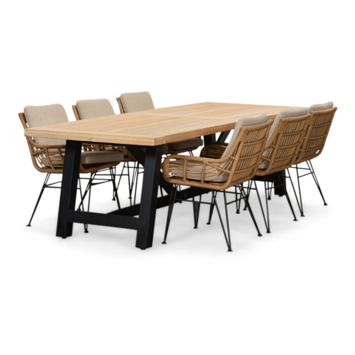 LUX outdoor living James/Carlos taupe dining tuinset | 6 personen | teakhout + wicker | 260cm